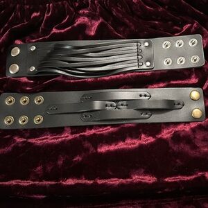 Black Leather Wrist Cuff Bracelets / Bracelet Duo - Men or Women - unisex Biker